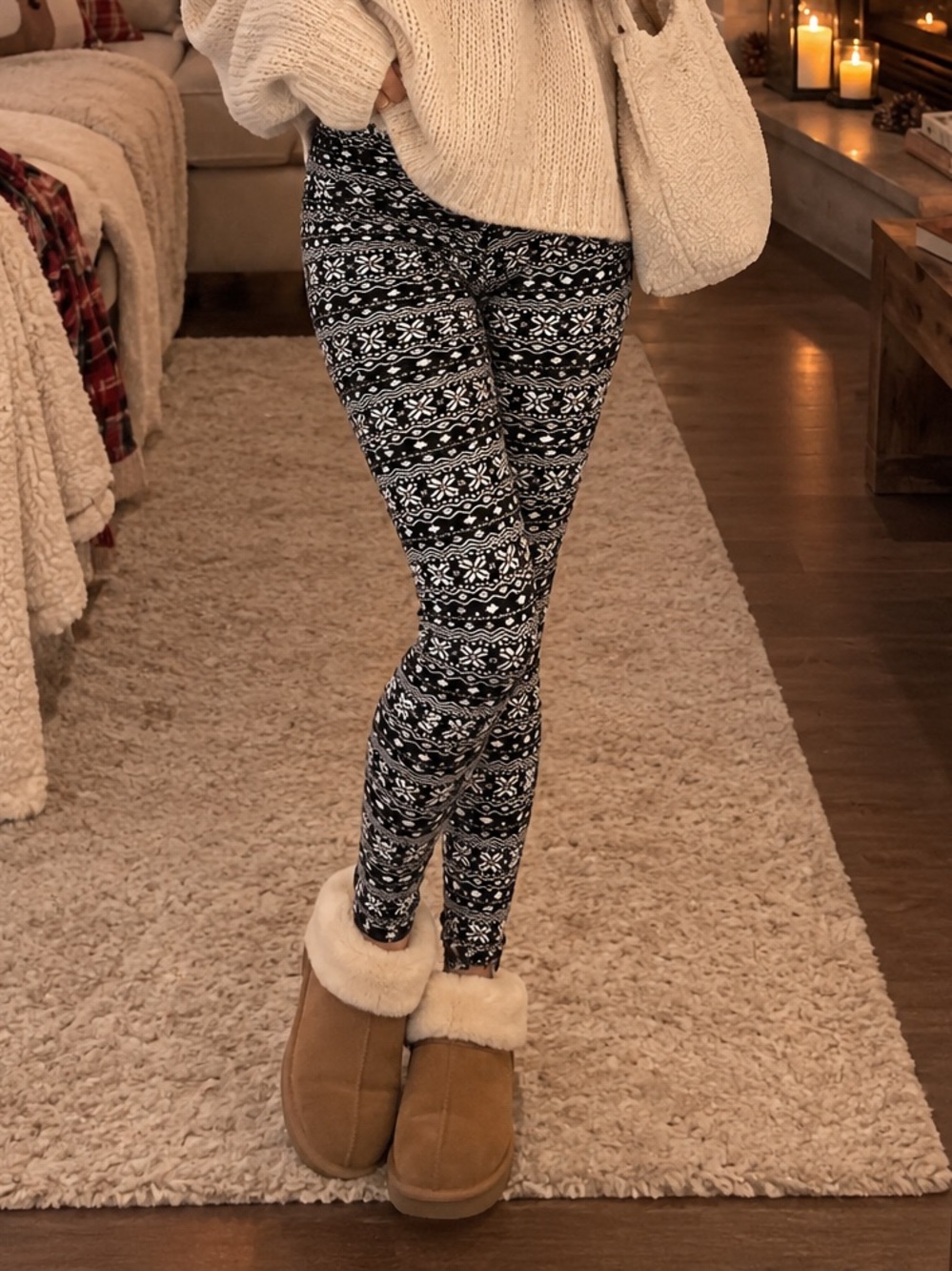 Cozy Nordic Fair Isle Snowflake Print Leggings Grey White